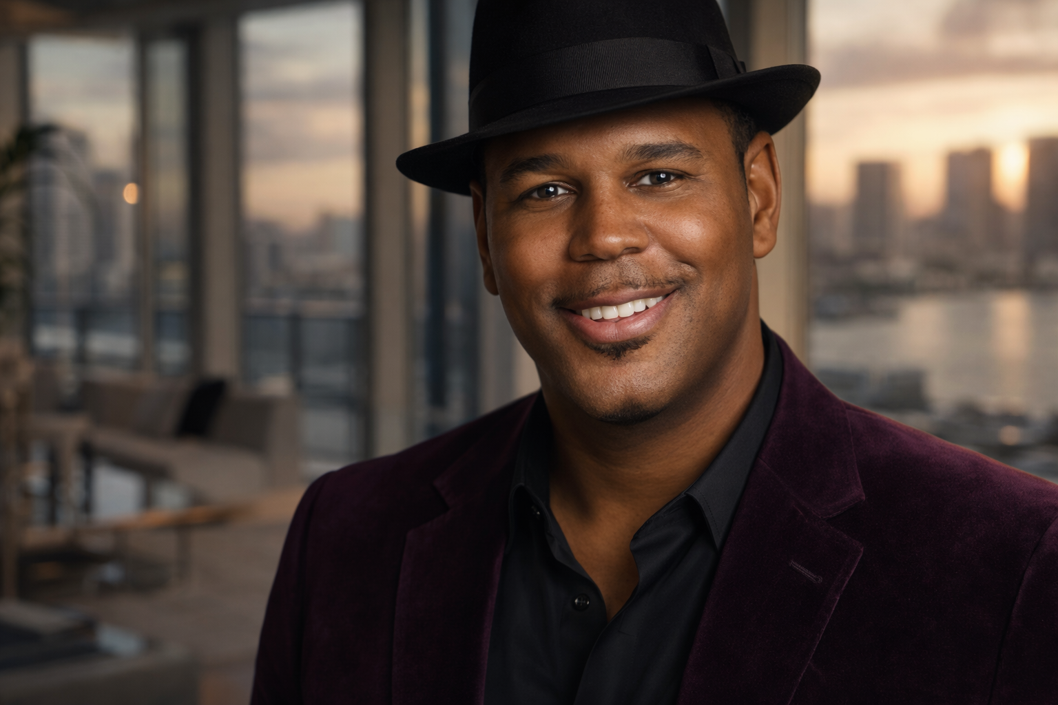 Dr. Darius McDougle in a burgundy blazer and black fedora overlooking the city